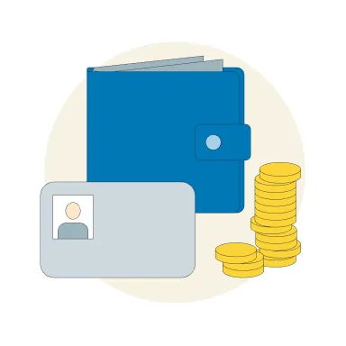 Grafische Darstellung zum Thema finanzielle Entschädigung mit einer Geldbörse, Münzen und einer Bankkarte 