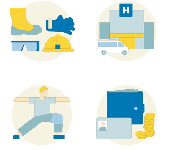 Eine Darstellung der vier Säulen der AUVA, d.h. Prävention, Unfallheilbehandlung, Rehabilitation und finanzielle Entschädigung anhand von Icons Eine Darstellung der vier Säulen der AUVA, d.h. Prävention, Unfallheilbehandlung, Rehabilitation und finanzielle Entschädigung anhand von Icons