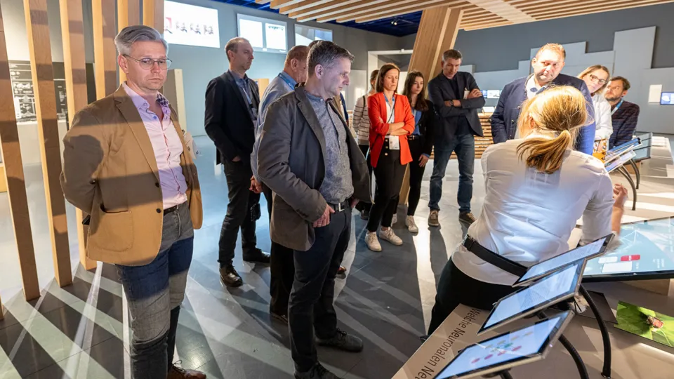 Stehende Personen schauen auf Bildschirme