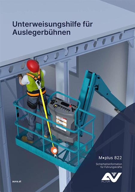 Titelbild des Merkblattes "M.Plus 822 Unterweisungshilfe für Auslegerbühnen"