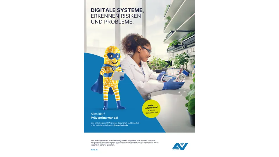 Arbeitgebersujet Digital unterstützende Systeme: Laborantin erkennt mittels Arbeitsstoffverzeichnis der AUVA die Risiken.