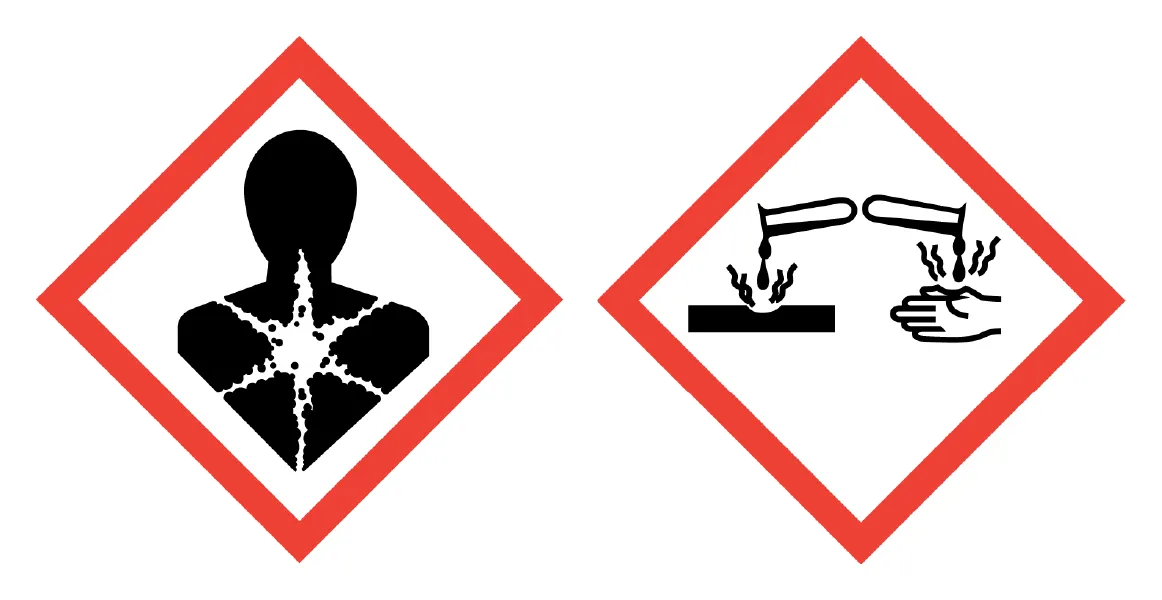 Exploding Man Corrosive GHS Darstellung der GHS-Gefahrenpiktogramme für Gesundheitsgefahr und Ätzwirkung nebeneinander