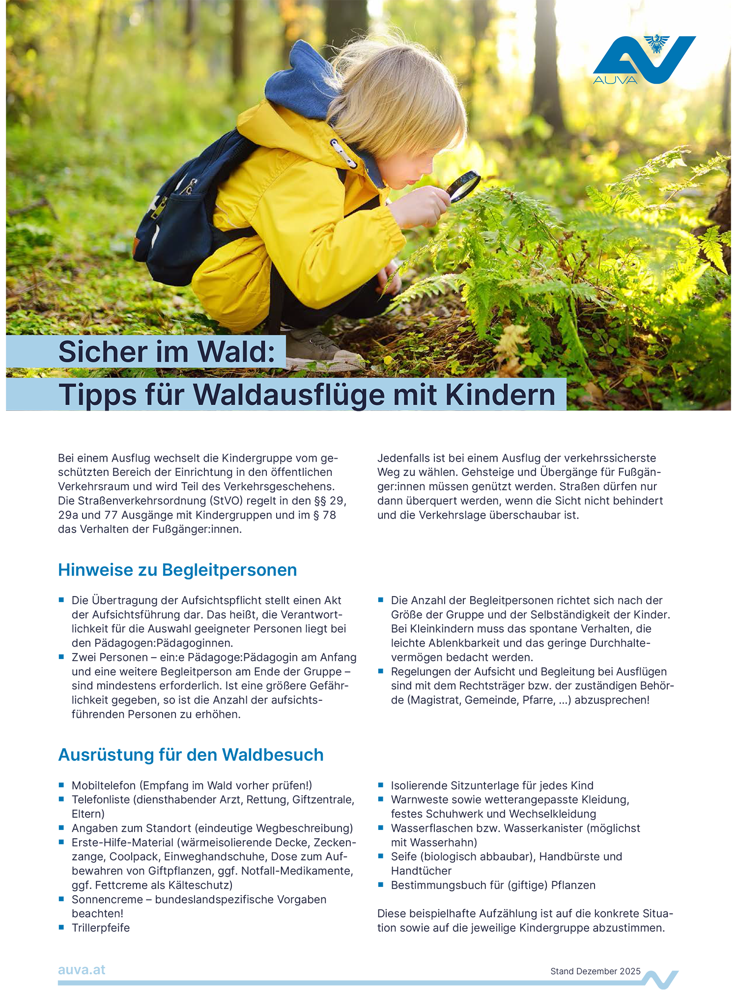 Titelbild des Infoblattes "Sicher im Wald: Tipps für Waldausflüge mit Kindern"