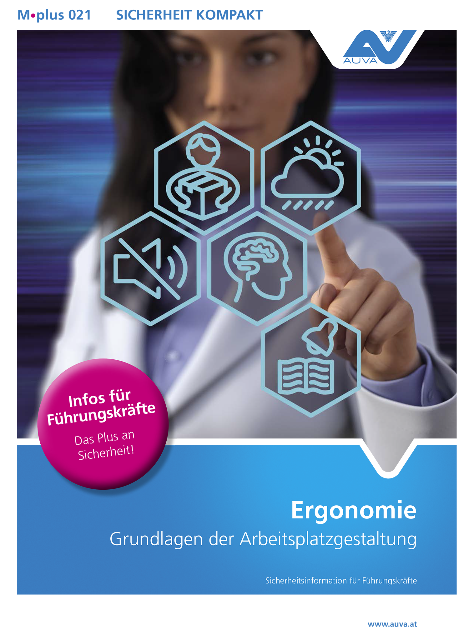Titelbild Merkblatt "M.plus 021 Ergonomie - Grundlagen der Arbeitsplatzgestaltung"