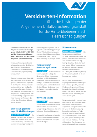 Titelblatt der Broschüre Broschüre Versicherten Information über die Leistungen der AUVA für die Hinterbliebenen nach Heeresschädigungen