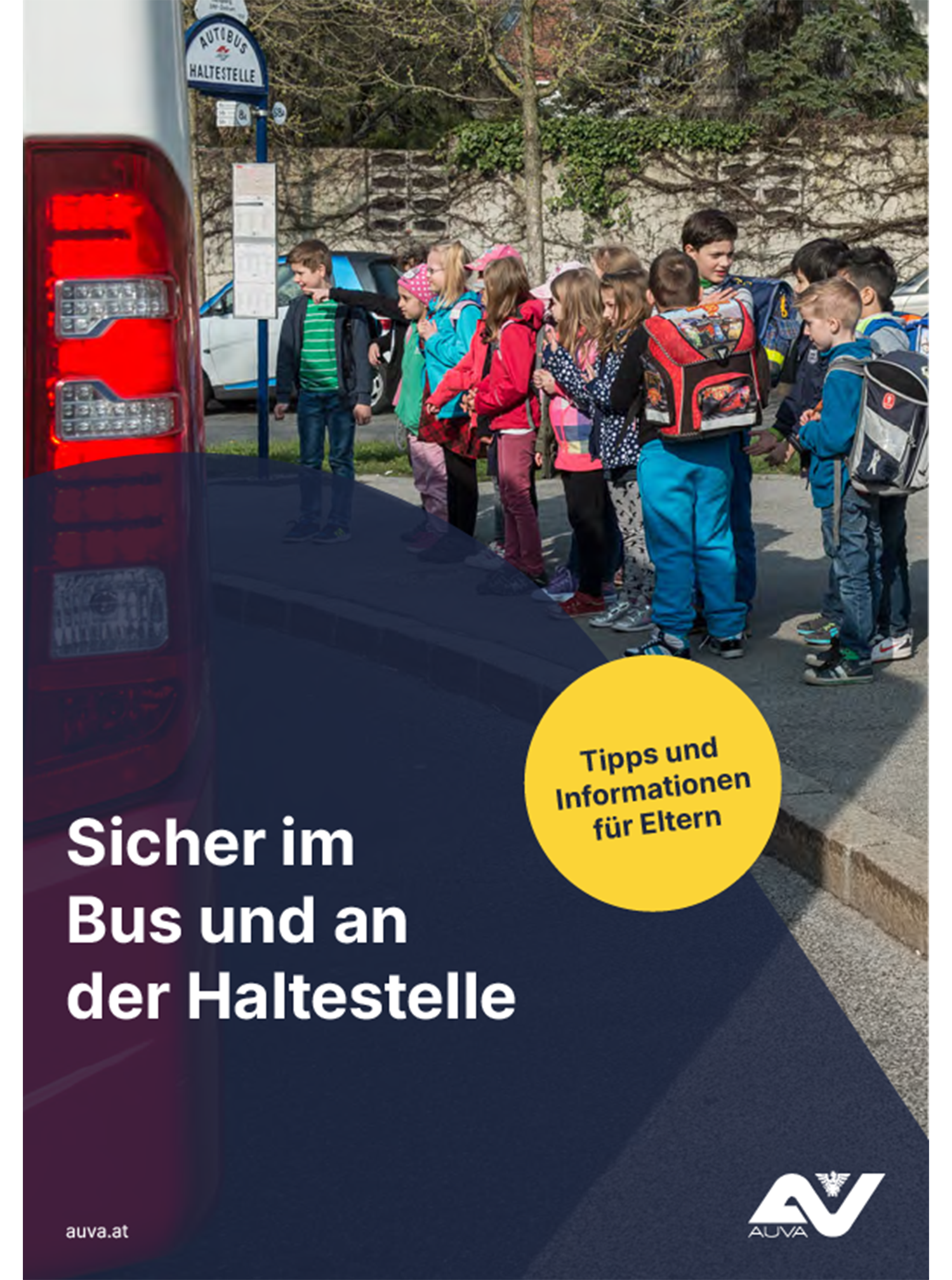Titelbild der Elternbroschüre "Sicher im Bus und an der Haltestelle"