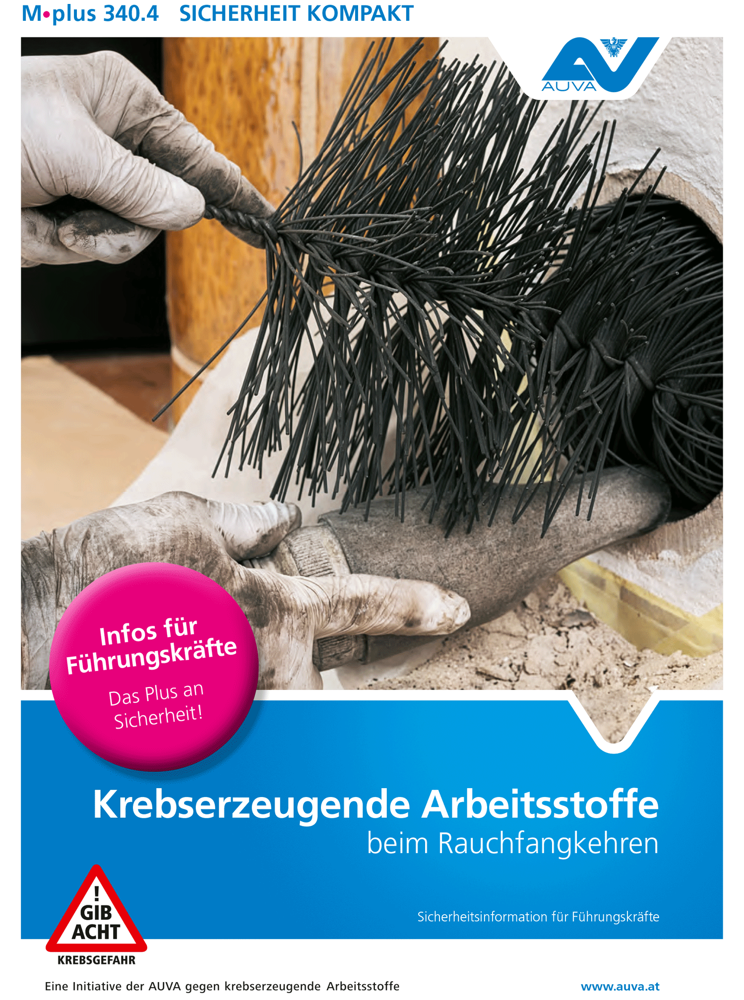 Titelbild des Merkblattes "M.plus 340.4 Krebserzeugende Arbeitsstoffe beim Rauchfangkehren"