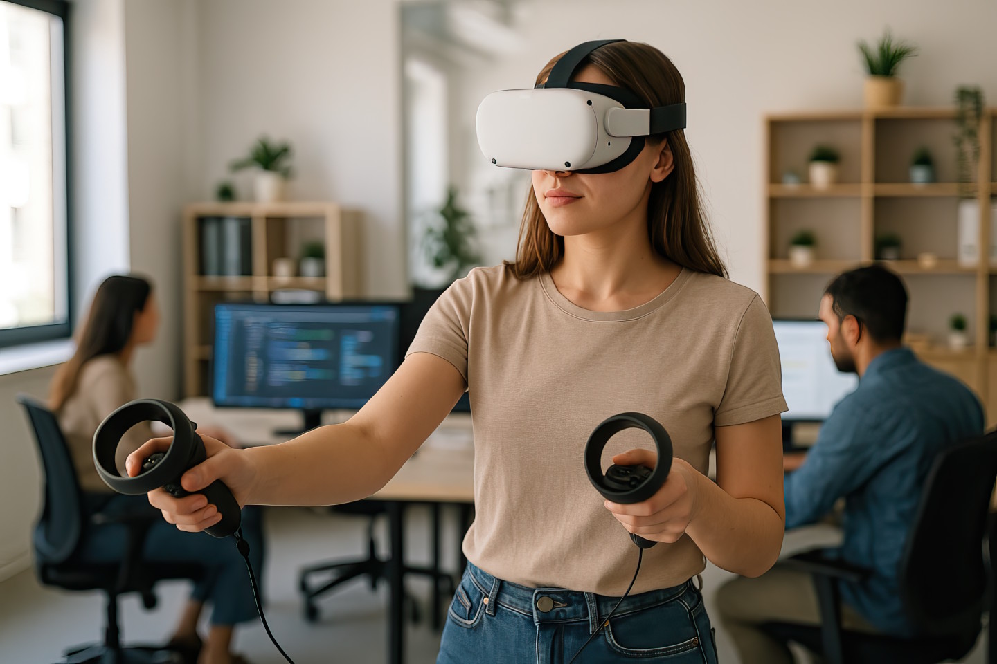 Stehende Frau, die eine VR-Brille auf den Kopf und in beiden Händen Joysticks zur Bedienung dieser Brille hält