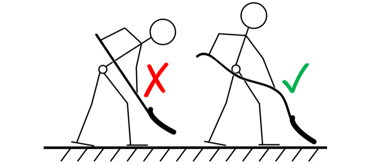 Illustration: Vergleich einer Schneeschaufel mit geradem Stiel und einer ergonomisch geformten Schneeschaufel