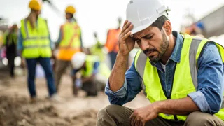 Bau Psychische Gesundheit Credit KI Generiertes Bild Adobe Firefly – Bearbeitung © Auvalwptm Erschöpft wirkender Bauarbeiter sitzt auf Baustelle und stützt Kopf in die Hand. Im Hintergrund sind andere Bauarbeiter zu sehen.