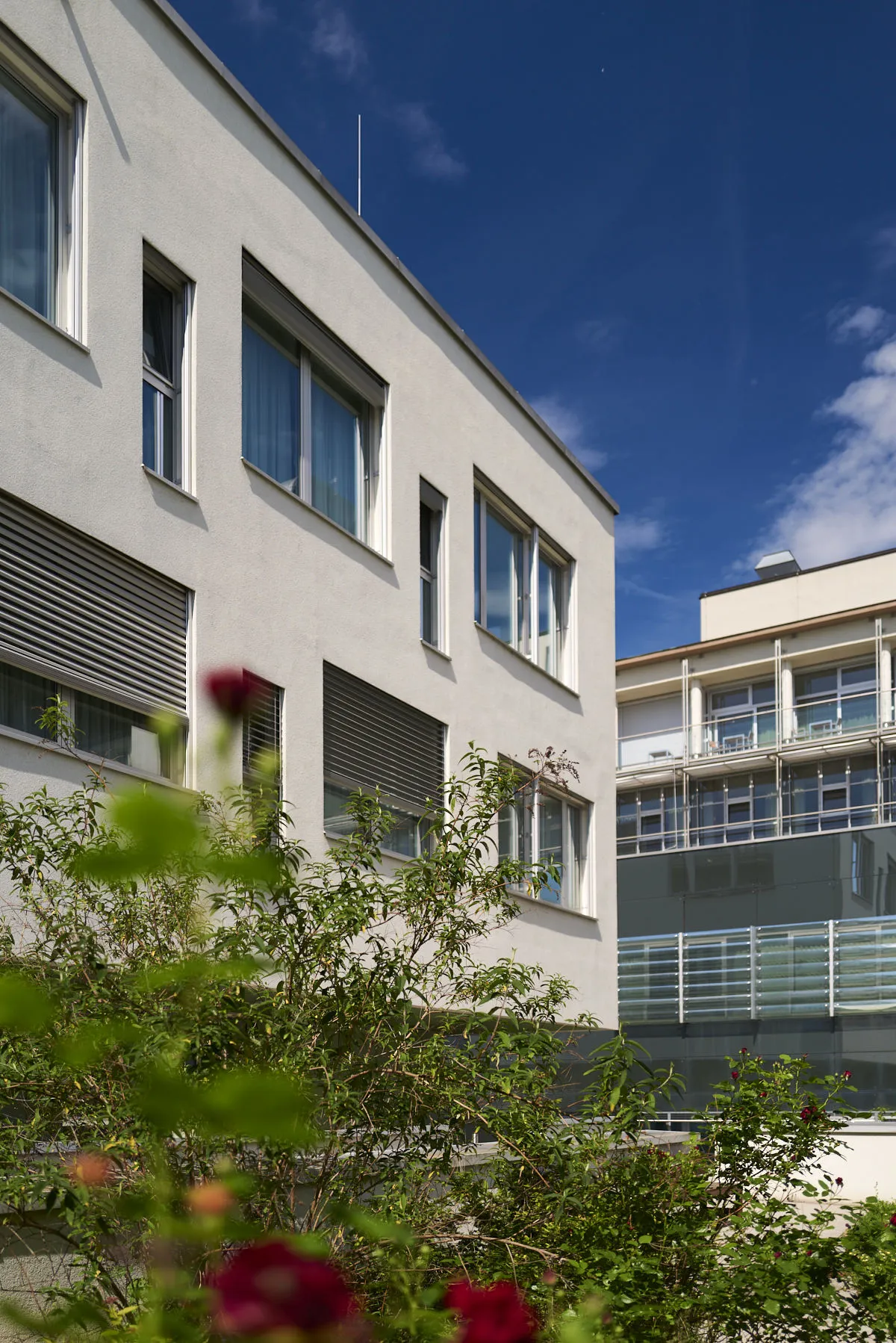 Außenansicht eines Teils des Rehabilitationszentrums Meidling mit blühenden Blumen im Vordergrund