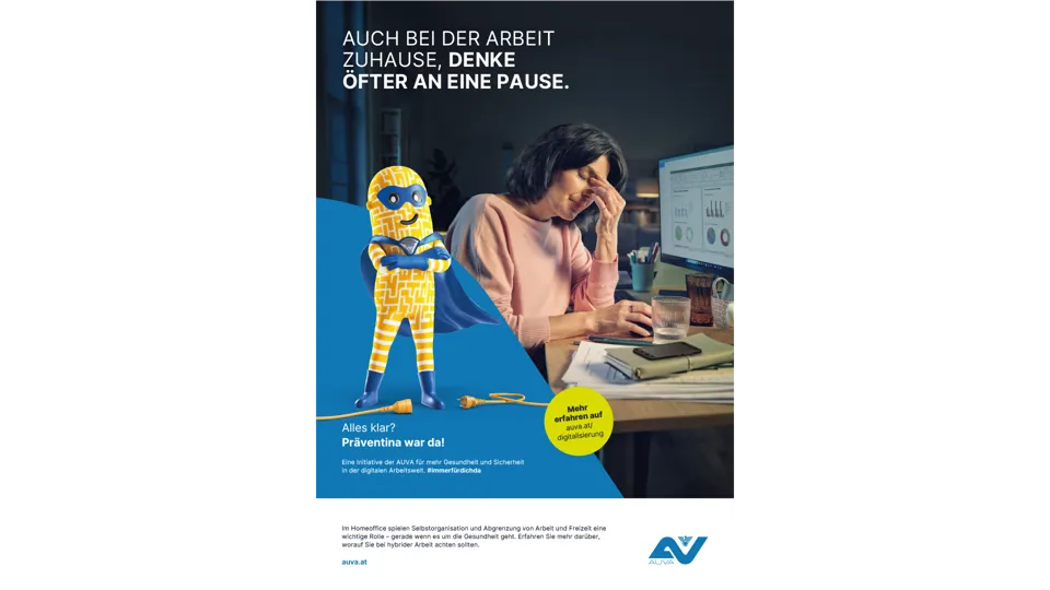 Arbeitnehmer:innen Sujet New Work: Auch bei der Arbeit Zuhause, denke öfter an eine Pause.