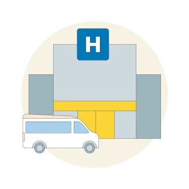 Grafische Darstellung zum Thema Unfallheilbehandlung mit einem Krankenhaus und einem Rettungswagen 