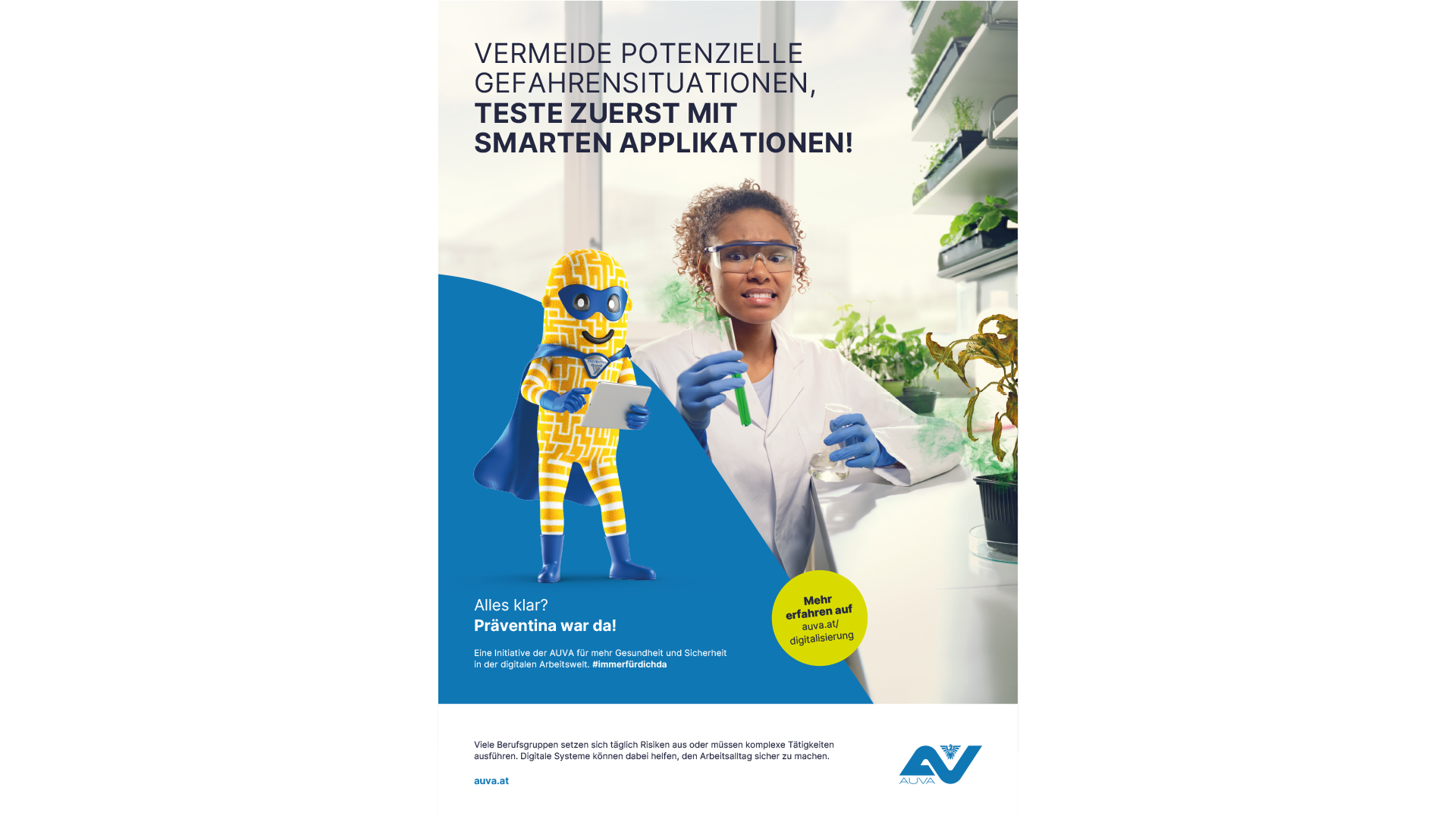 Arbeitnehmer:innen Sujet Digital unterstützende Systeme: Vermeide potentielle Gefahrensituationen, teste zuerst mit smarten Applikationen. 