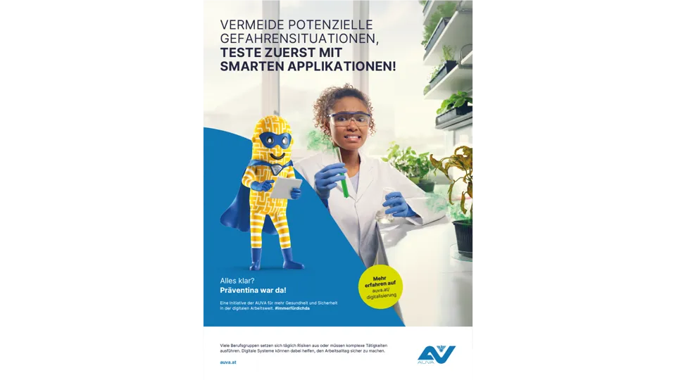 Arbeitnehmer:innen Sujet Digital unterstützende Systeme: Vermeide potentielle Gefahrensituationen, teste zuerst mit smarten Applikationen.