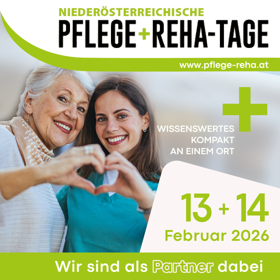 Ankündigung der NÖ Pflege- und Reha-Tage 2026: Eine junge und eine etwas ältere Frau formen ihre Hände zu einem Herz
