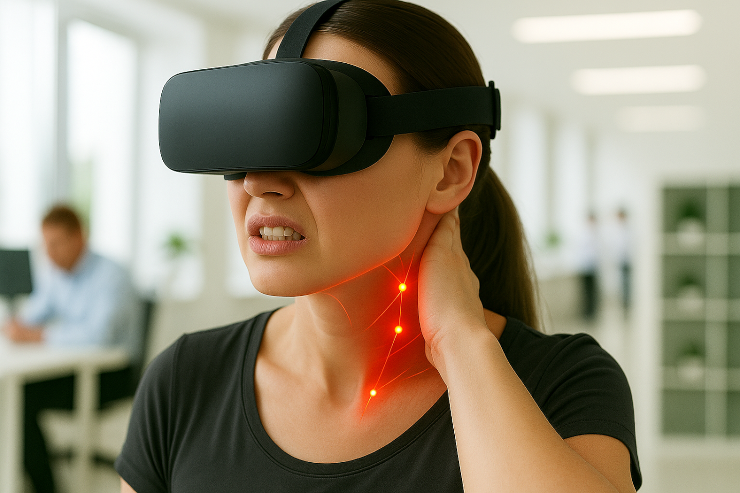 Eine Frau mit VR-Brille am Kopf und schmerzverzerrtem Gesicht hält die linke Hand an den Nacken. Rote Leuchtpunkt entlang der Halswirbelsäule stellen die Belastungen im Nacken dar.
