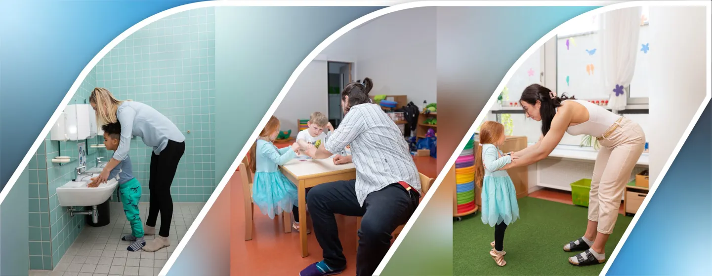 Drei Beispielsituationen mit Belastungen für Pädagoginnen im Kindergartenalltag aufgrund gebückter Körperhaltungen bei der Betreuung der Kinder.