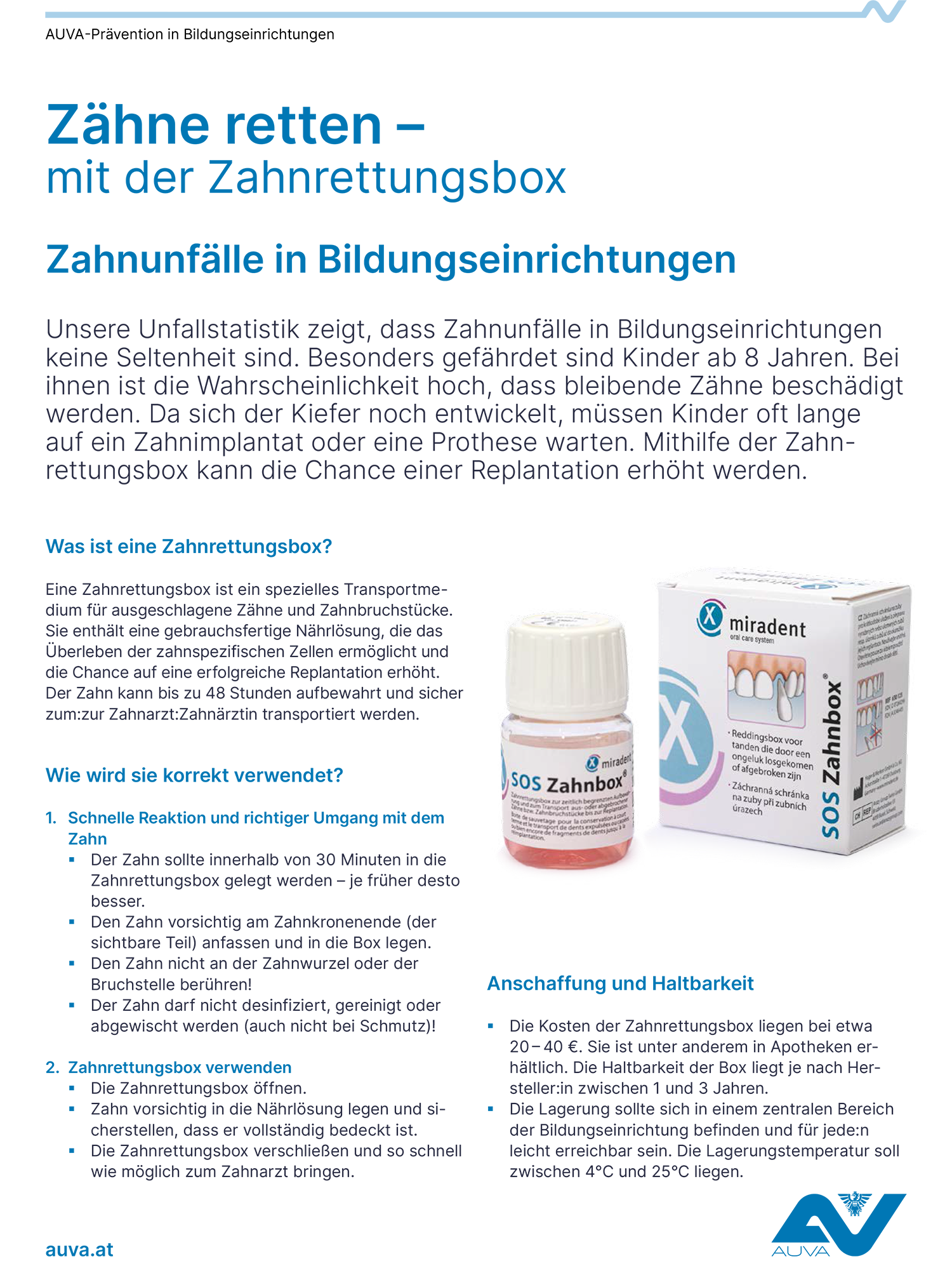 AUVA-Infoblatt Zahnrettungsbox