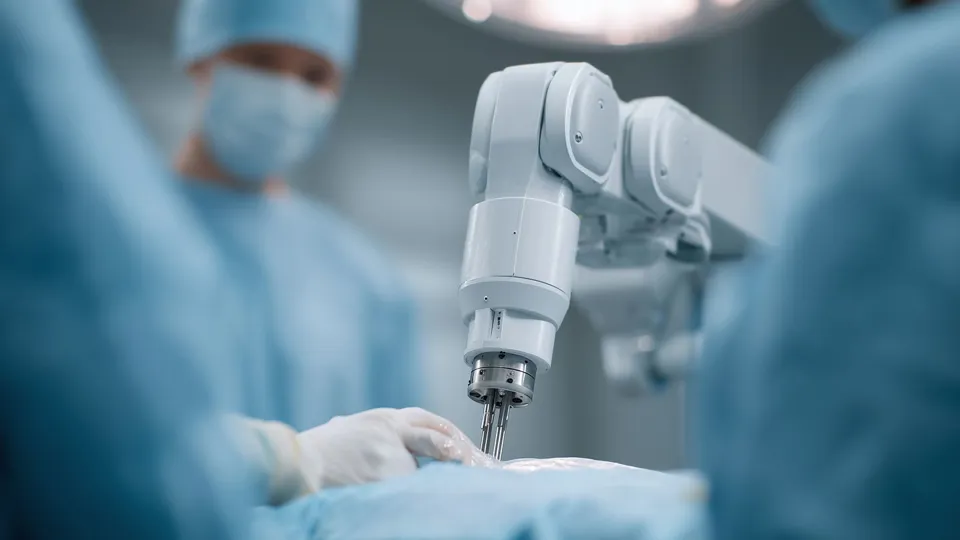 zwei Menschen in blauer OP-Kleidung schauen in einem Operationssaal auf einen Roboter-Arm