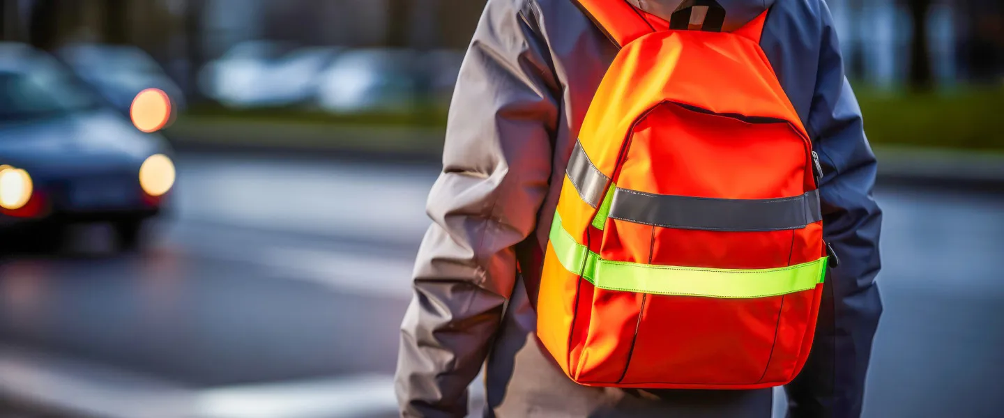 Adobestock 646415655 1440 Sicherheit Verkehr Kind©Ednurg S Person mit reflektierendem Rucksack und grauer Jacke steht am Straßenrand