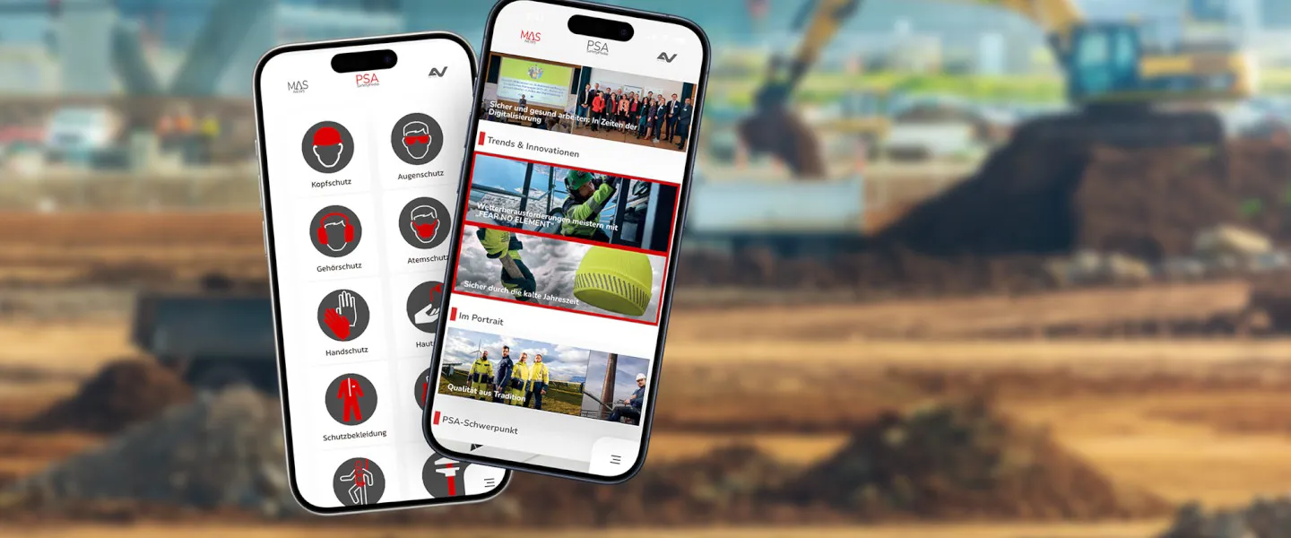 PSA-App MASon MockUp der MASon-App auf zwei Mobiltelefonen vor einer Baustelle