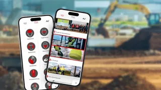 PSA-App MASon MockUp der MASon-App auf zwei Mobiltelefonen vor einer Baustelle