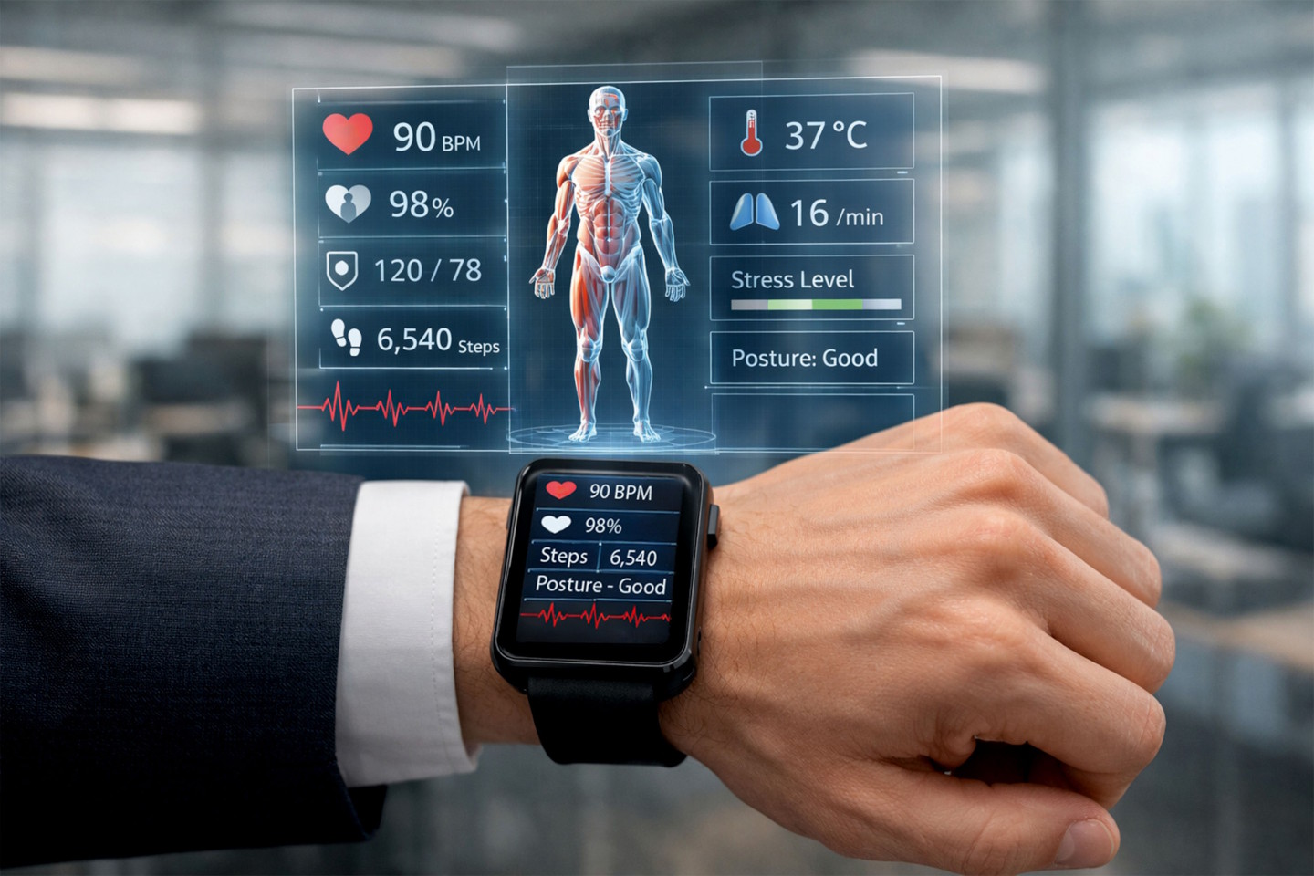 männlicher Unterarm mit Smartwatch, darüber eine Projektion mit Gesundheitsdaten