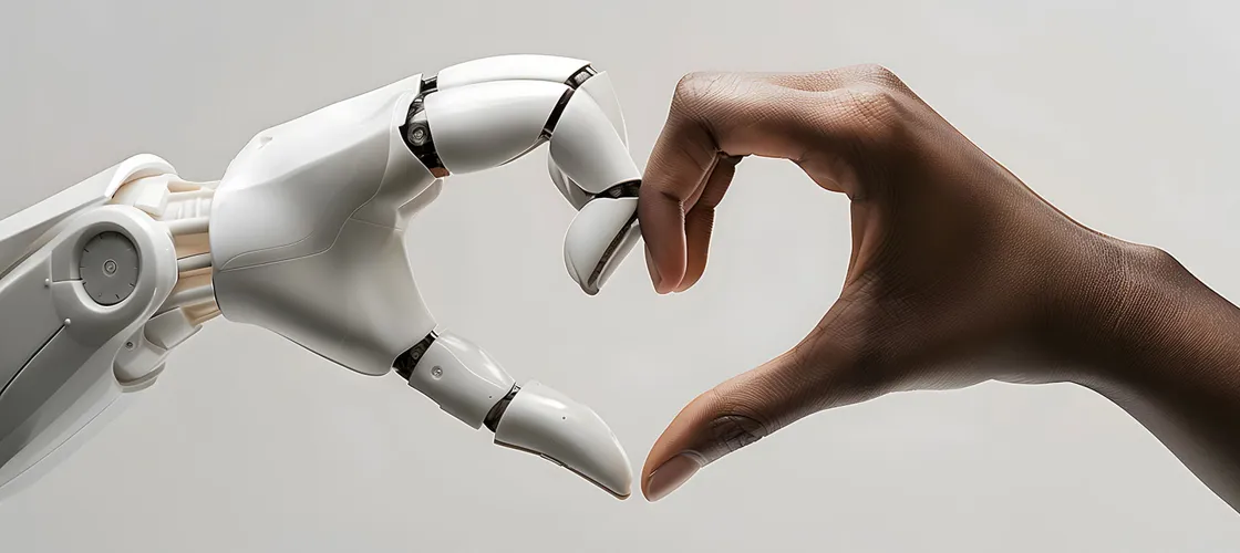 Adobestock 1274671774©Imagination Stock Ein Roboterarm und ein Menschenarm formen mit der Hand je eine Hälfte eines Herzsymbols