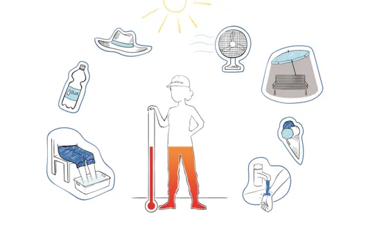 200409 AUVA Kühlung Buyouts 10 1440 Credit AUVA Vervievas Illustration unterschiedlicher Kühlmaßnahmen für Arbeitnehmer im Sommer