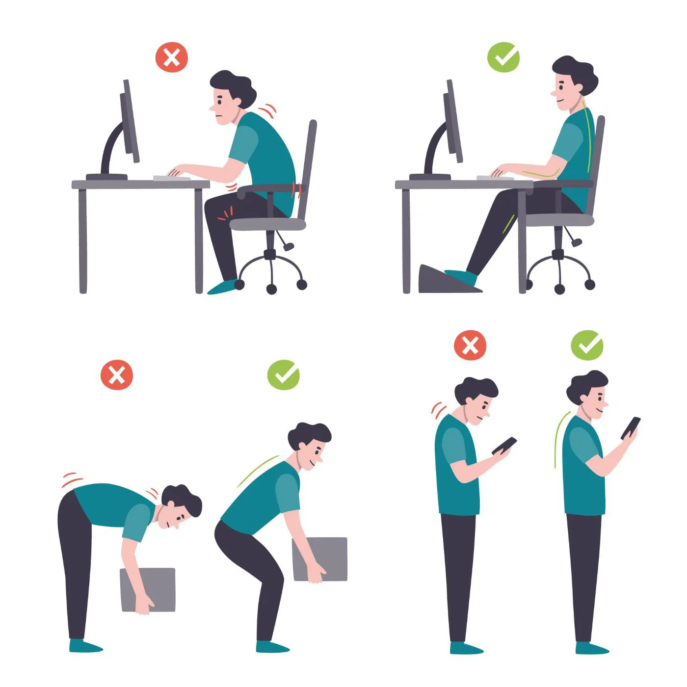 06 Gerader Rücken (C) Freepik Freepik.Com Illustration von Personen in unterschiedlichen Arbeitssituationen mit falscher und korrekter Körperhaltung (krummer und gerader Rücken)