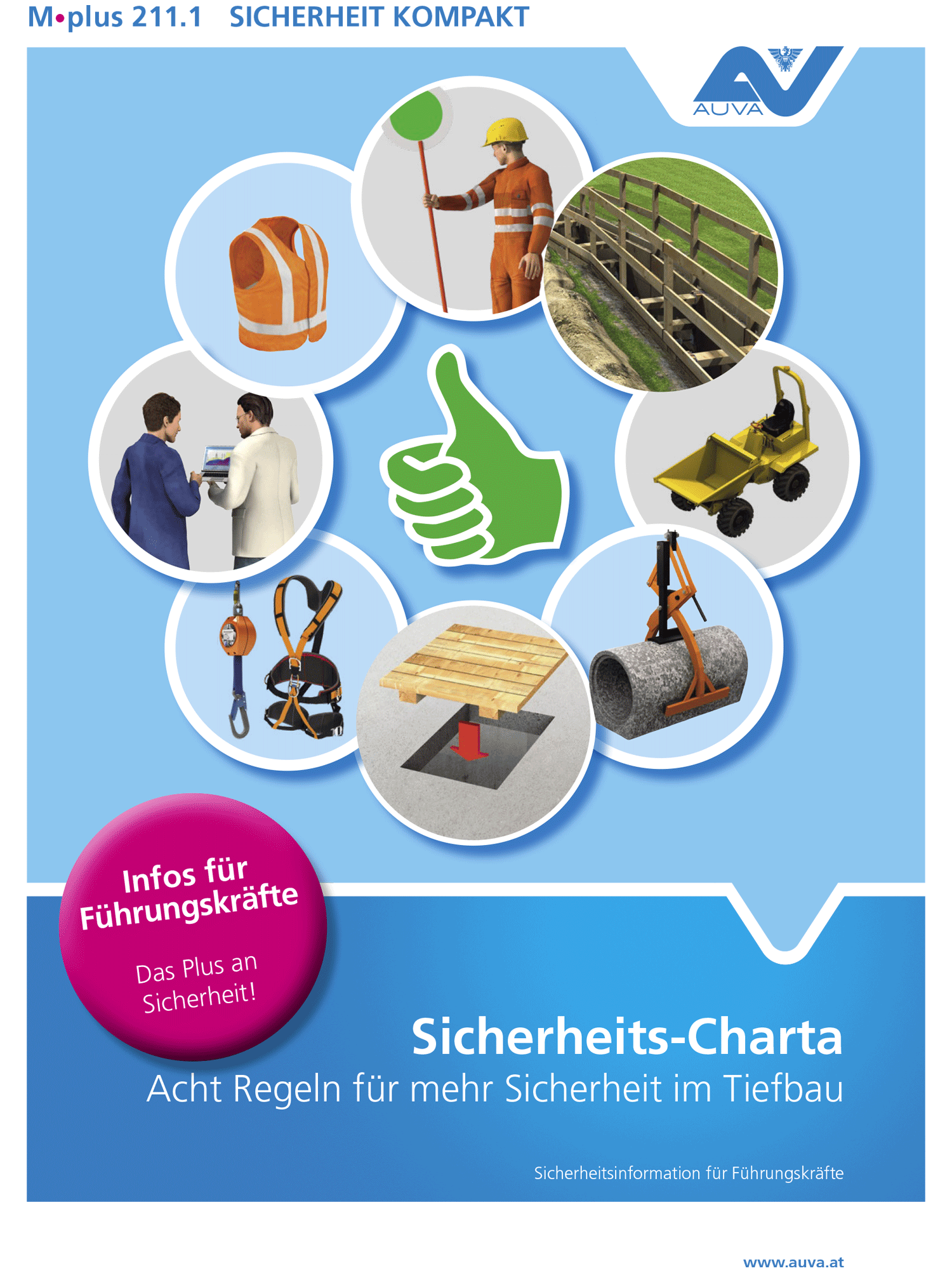 Titelbild des Merkblattes "M.plus 211.1 Sicherheits-Charta - Acht Regeln für mehr Sicherheit im Tiefbau"