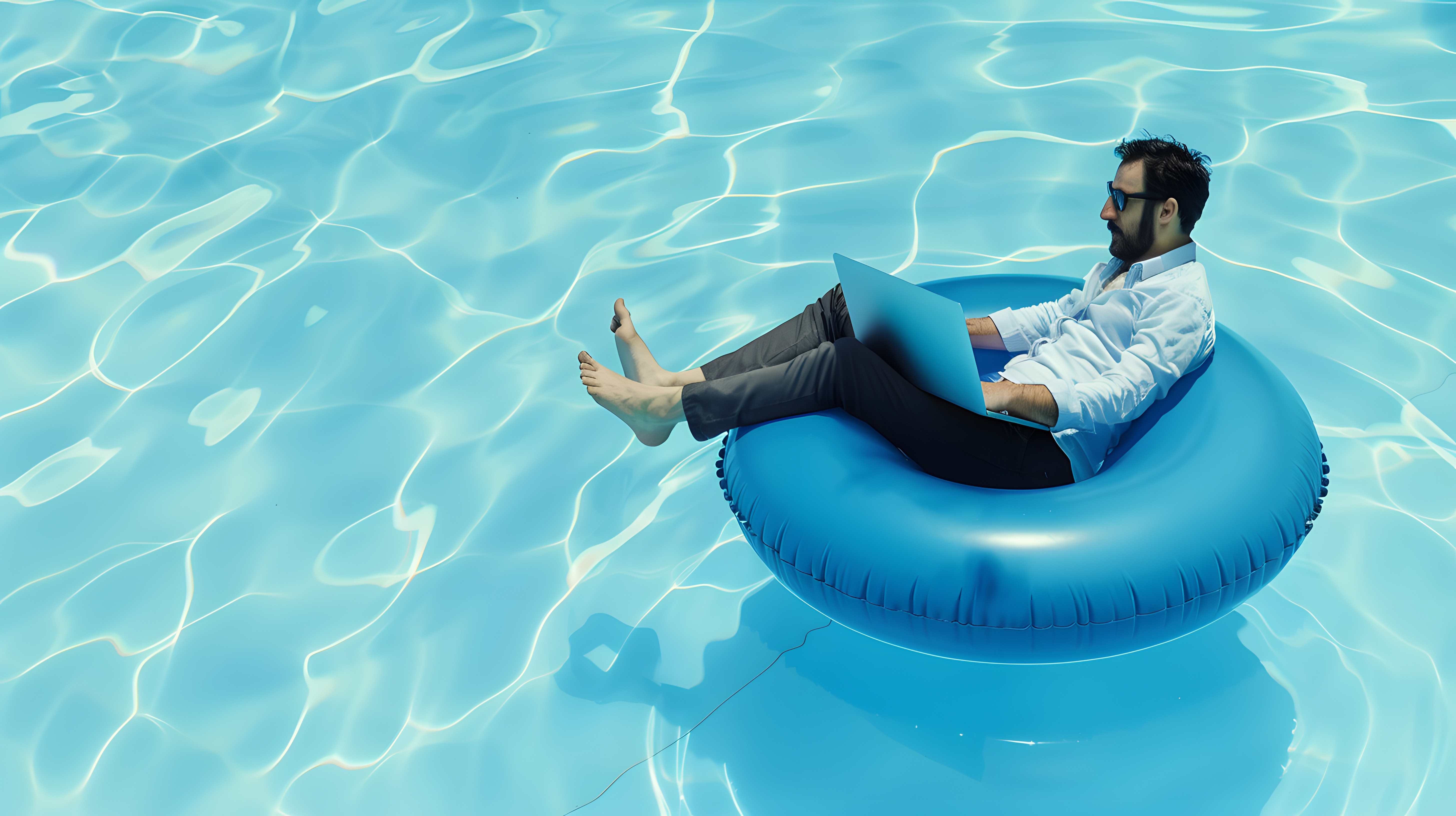 Mann sitzt mit Laptop auf einem großen Schwimmreifen in einem Pool