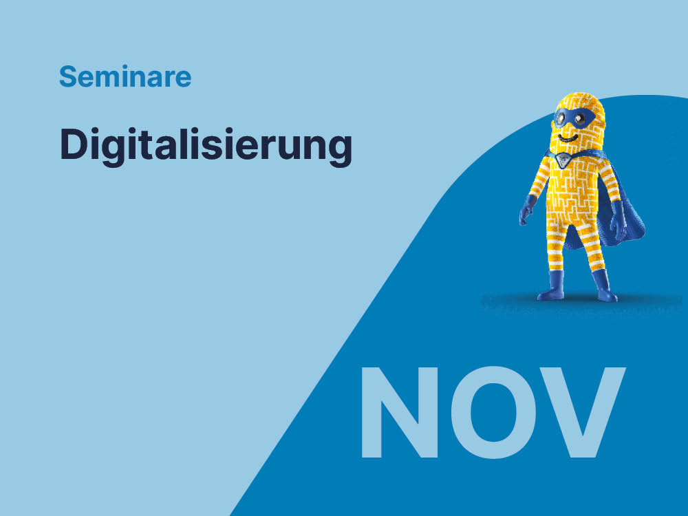 Ankündigungssujet für ein AUVA-Seminar aus der Digitalisierungs-Kampagne mit dem Präventina-Maskottchen