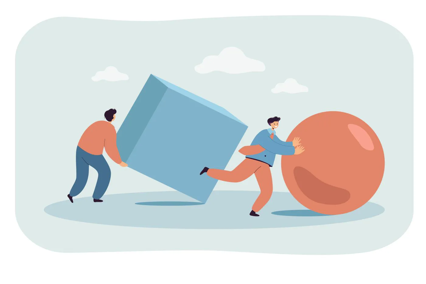 02 Belastung Kugel Und Ball (C) Phc.Vector Freepik.Com Illustration von zwei Personen, die eine übergroße Kugel und einen Quader vor sich bewegen
