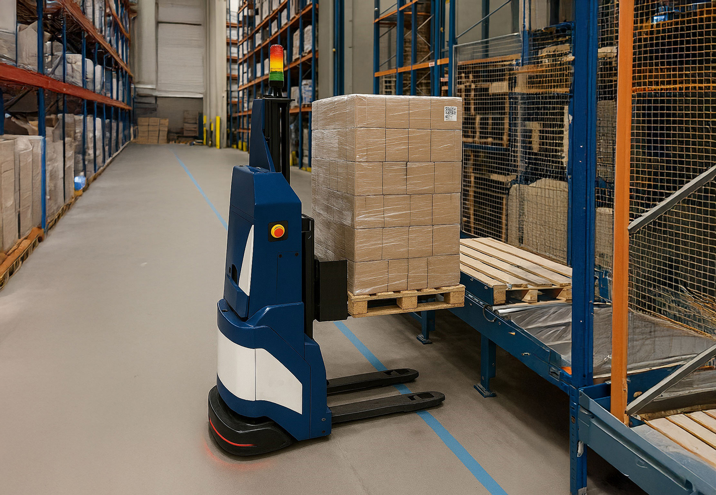 Fahrerloses Transportsystem beim Laden einer Palette aus einem Hochregal