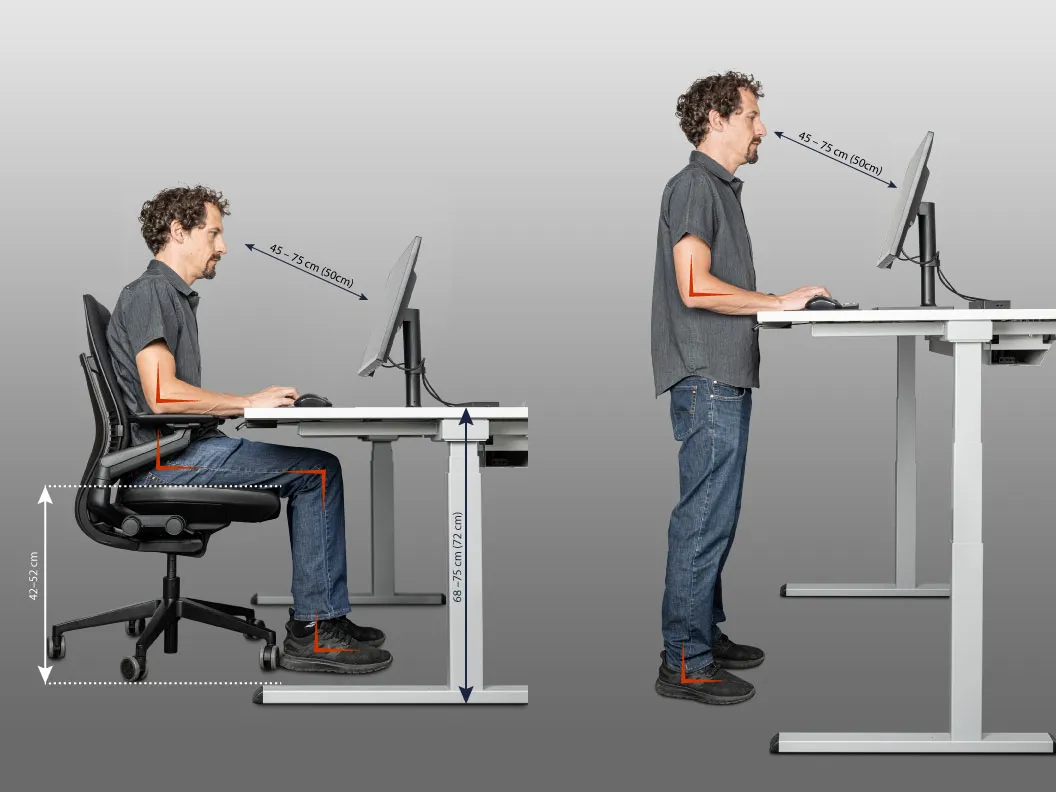 REI2632 Sitzen U Stehen Gegenübergestellt Bearbeitet HSROO ©R.Reichhart Gegenüberstellung der Körperhaltung eines Mannes bei sitzender und stehender Bildschirmarbeit