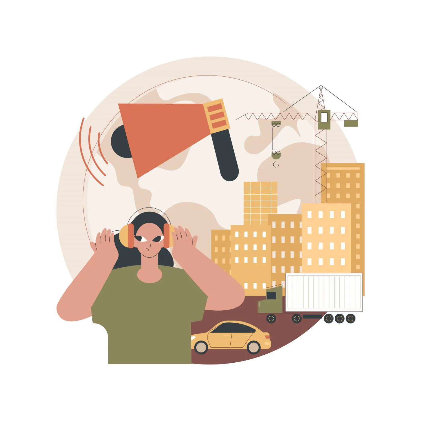 04 Lärm (C) Vectorjuice Freepik.Com Illustration: Frau mit Gehörschutz hält Hände an die Ohren, im Hintergrund ein Lautsprecher und Baustellenumgebung