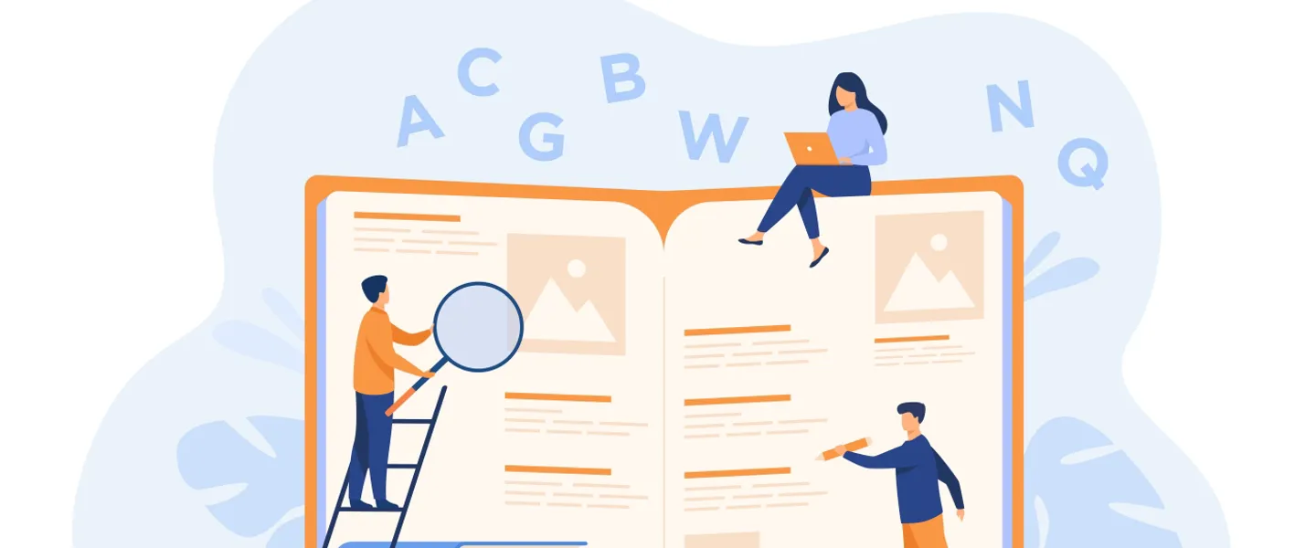 01 Lexikon Illustriert (C) Pch.Vector Freepik.Com illustriertes Buch in Übergröße mit Buchstaben im Hintergrund und drei Personen, die im Buch sitzen
