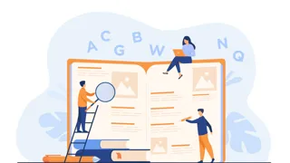 01 Lexikon Illustriert (C) Pch.Vector Freepik.Com illustriertes Buch in Übergröße mit Buchstaben im Hintergrund und drei Personen, die im Buch sitzen