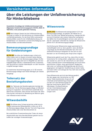 Titelblatt der Broschüre Versicherten Information über die Leistungen der Unfallversicherung für Hinterbliebene