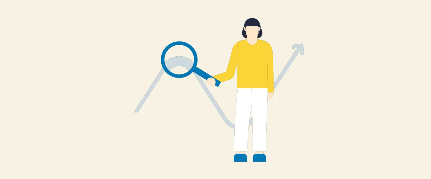 Webinar Firmenbericht Header2 1440 Credit Buerobauer Illustration einer Person, die eine Lupe auf eine Datenkurve hält.
