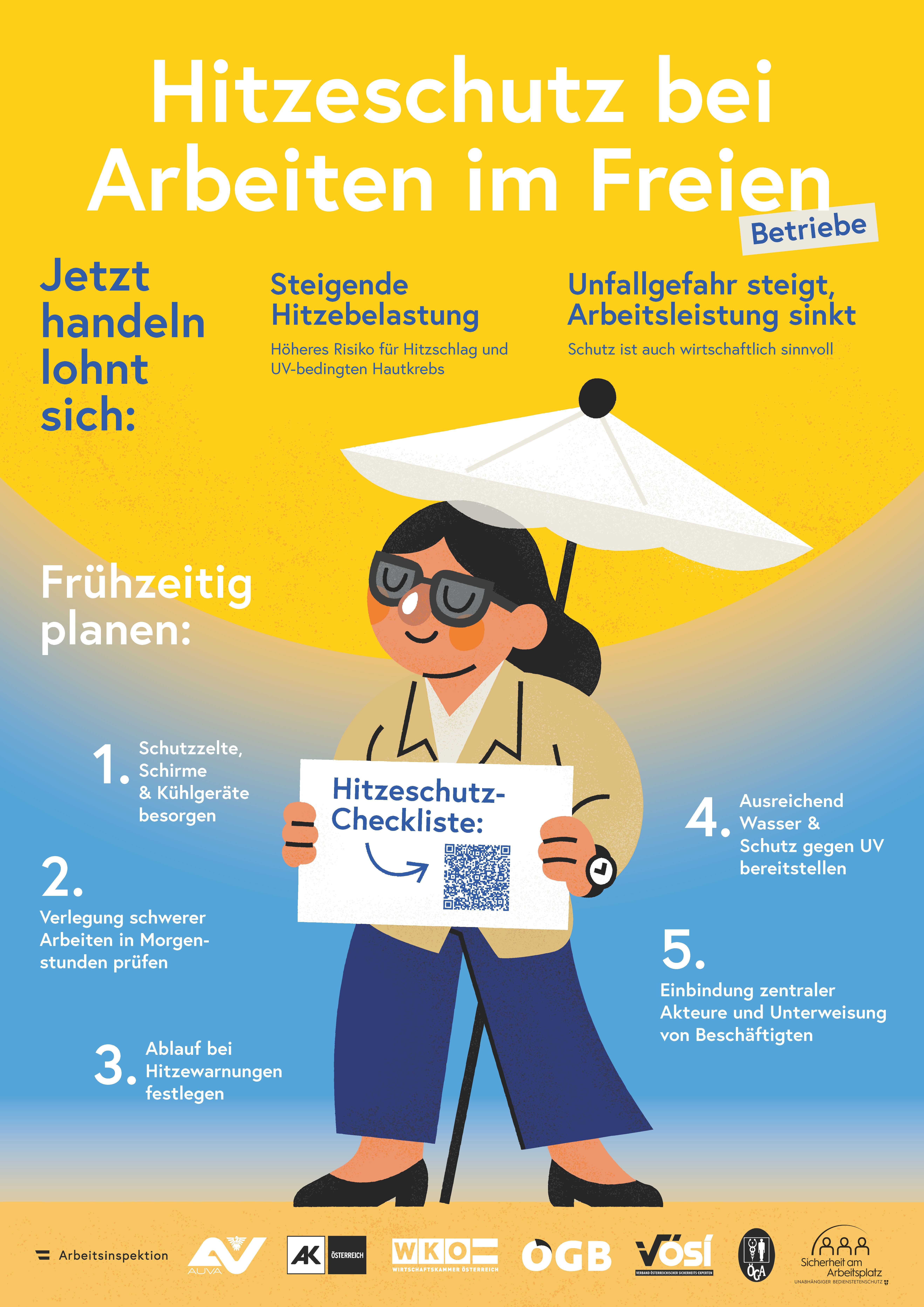 Infoposter für Betriebe mit Tipps zum Hitzeschutz bei Arbeit im Freien