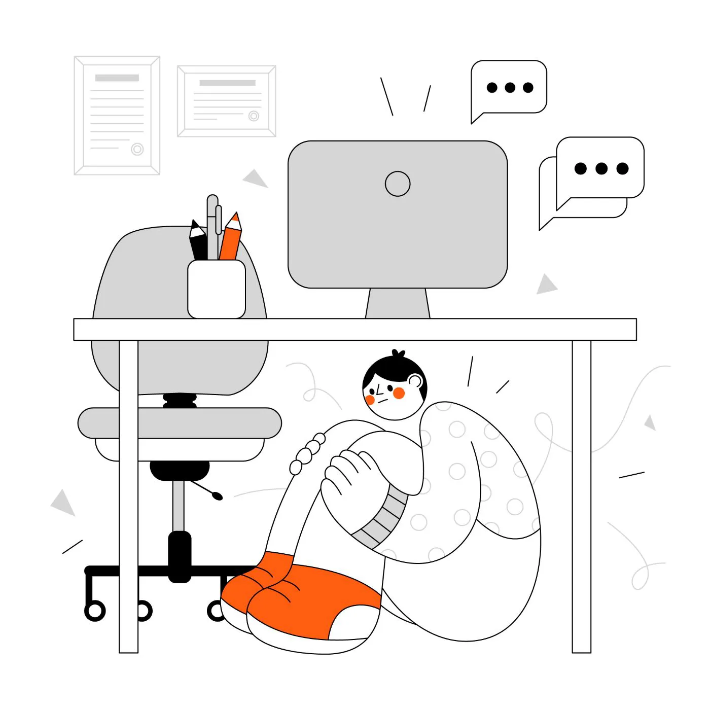 05 Unterm Tisch (C) Freepik Freepik.Com Illustration: Eine Person mit angewinkelten Knien und eingeschüchtertem Gesichtsausdruck sitzt unter einem Schreibtisch