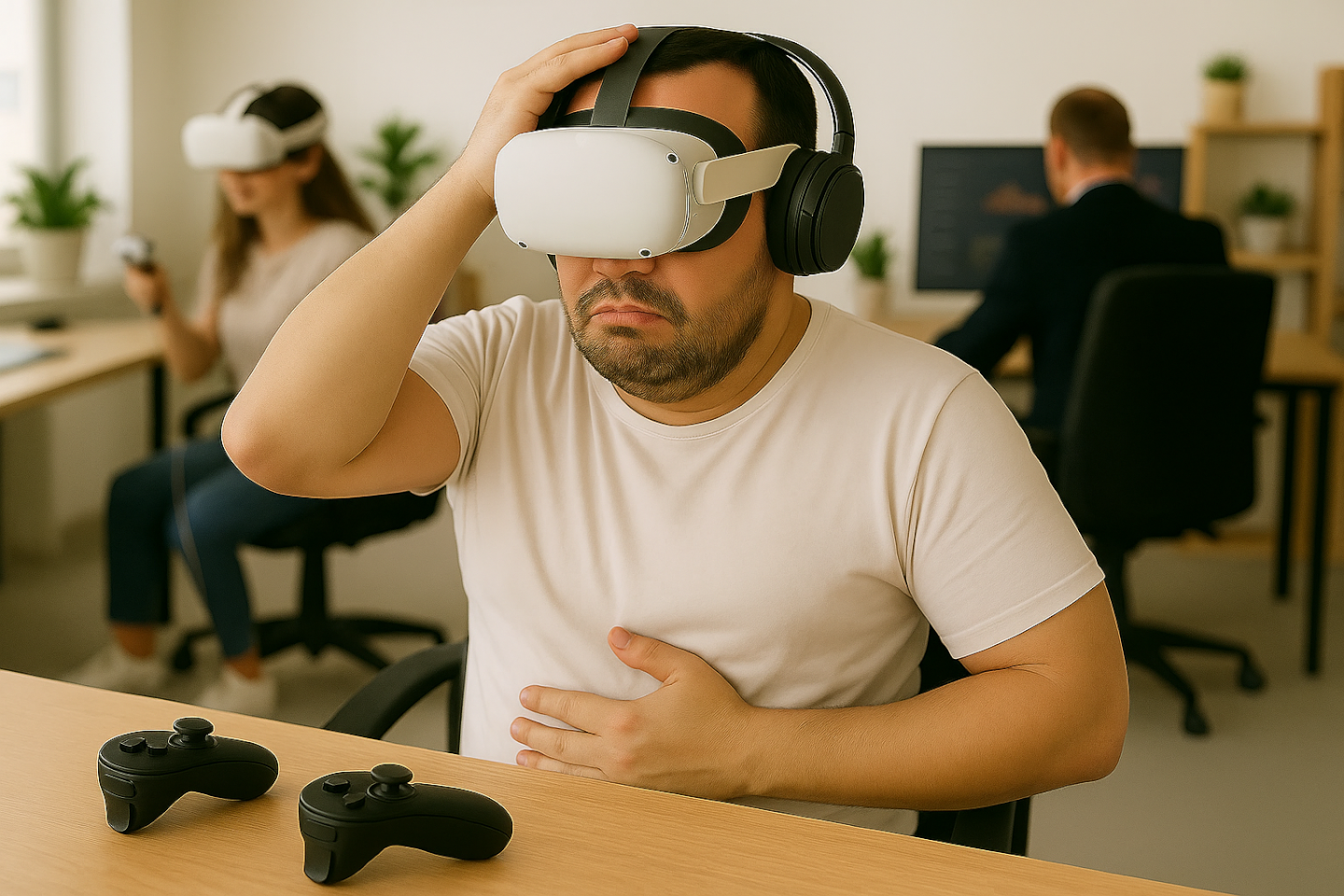 Motion Sickness: Ein sitzender Mann hat eine VR-Brille auf. Er hält sich mit der rechten Hand auf den Kopf, mit der linken auf den Bauch.
