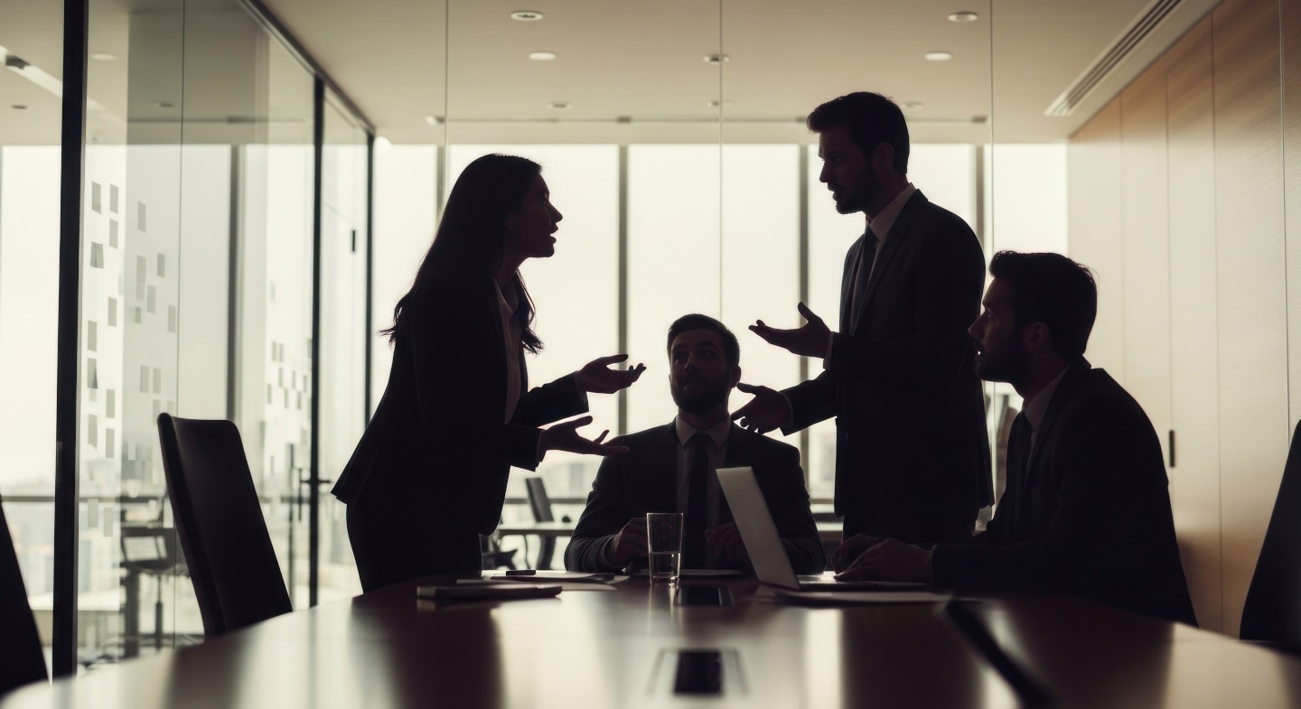 Silhouette einer Gruppe von Geschäftsleuten an einem Besprechungstisch. Ein Mann und eine Frau stehen einander gestikulierend gegenüber. Zwei weitere Männer sitzen daneben.