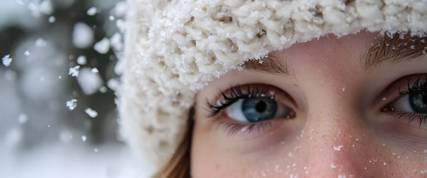 Adobestock 1103904783 1440 Credit Aun Generiert Mit KI Nahaufnahme eines Frauengesichts mit Winterhaube und Schneeflocken