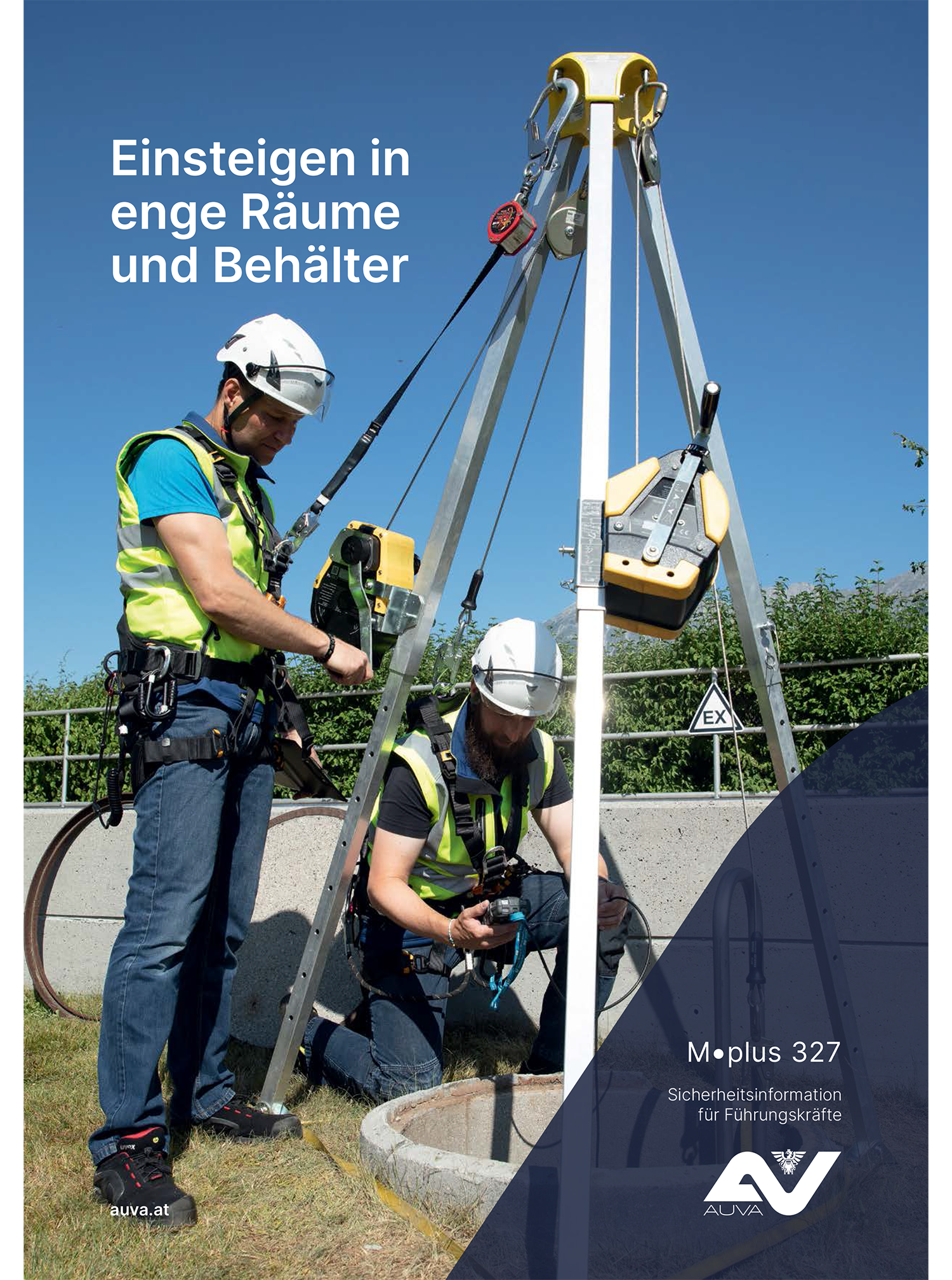 Titelbild des Merkblattes "M.plus 327 Einsteigen in enge Räume und Behälter"