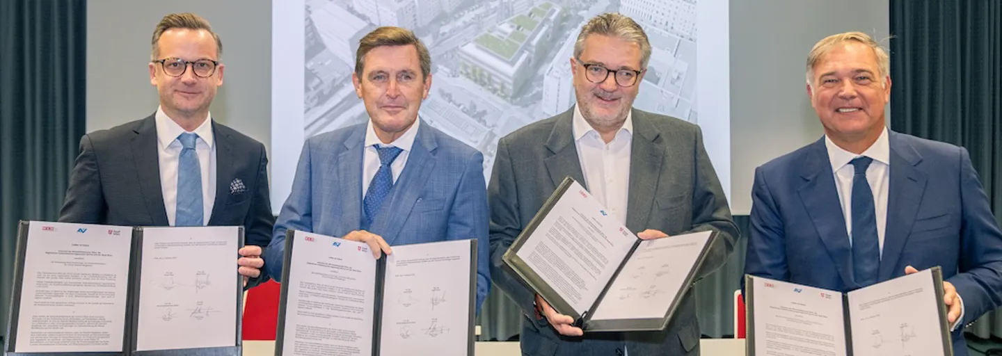 Gruppe (1) Auszeichnung Forschungscampus Wien Blog Headerbild (c) MSK AUVA-Obmann Mario Watz, Finanz- und Wirtschaftsstadtrat Peter Hanke, Gesundheitsstadtrat Peter Hacker sowie Präsident der Wirtschaftskammer Wien Walter Ruck