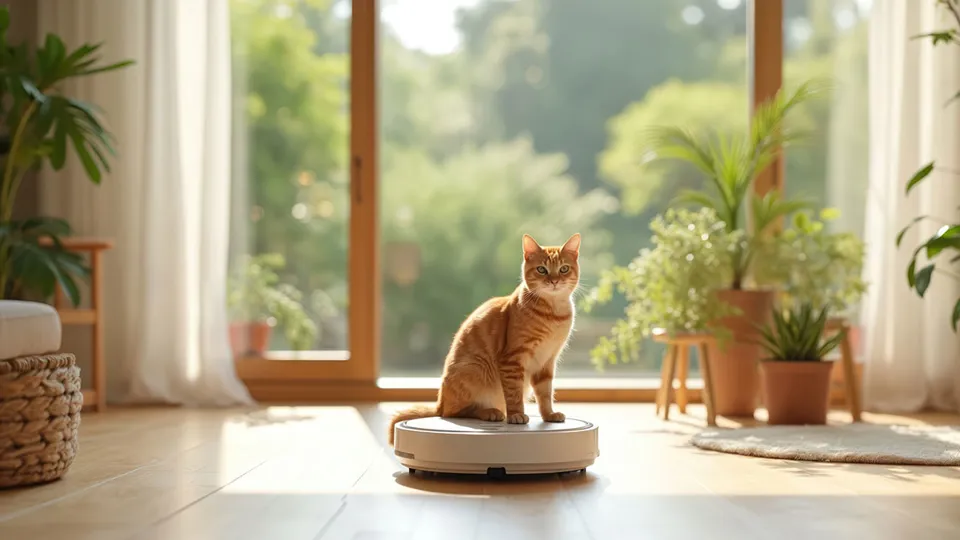 Eine Katze sitzt auf einem Staubsauger-Roboter